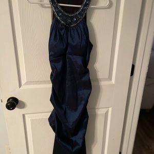 Xscape Body Con Navy Blue Ruched Sleeveless Jeweled Dress Sz 6